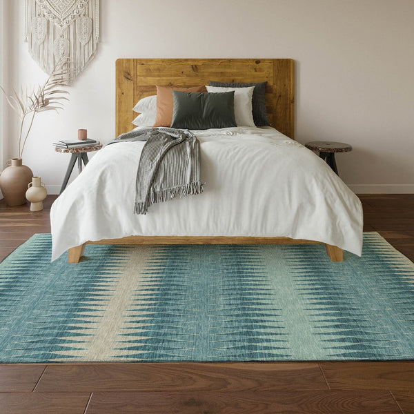 HomeRoots 10' Coastal-Inspired Teal & Beige Striped Washable Area Rug with UV Protection for High Traffic Areas 669012
