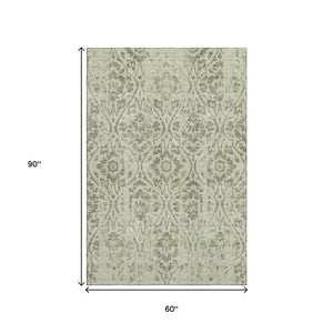 HomeRoots 5' X 8' Artichoke Green Floral Area Rug - Washable, UV-Protected & Stain-Resistant for Homes 669014