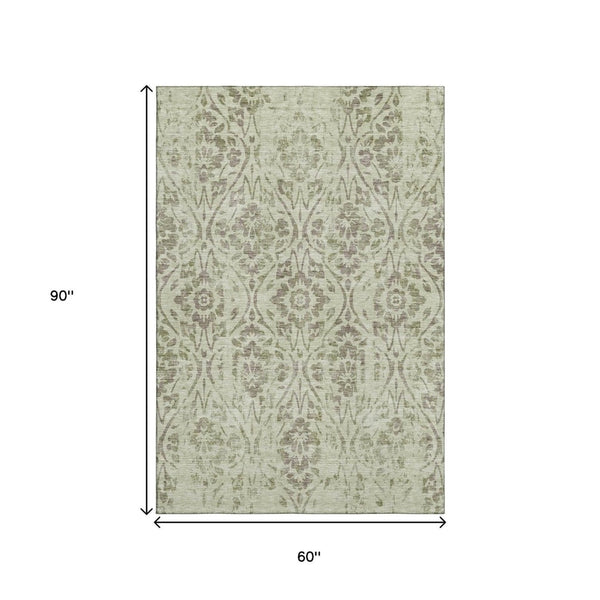 HomeRoots 5' X 8' Artichoke Green Floral Area Rug - Washable, UV-Protected & Stain-Resistant for Homes 669014