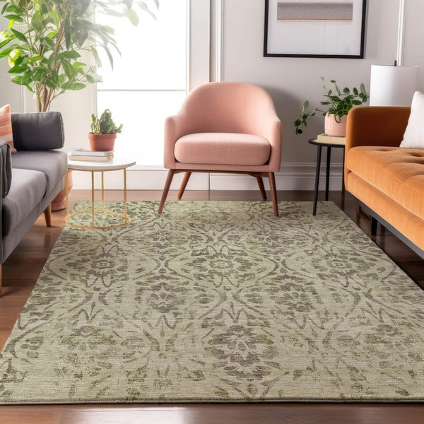 HomeRoots 5' X 8' Artichoke Green Floral Area Rug - Washable, UV-Protected & Stain-Resistant for Homes 669014