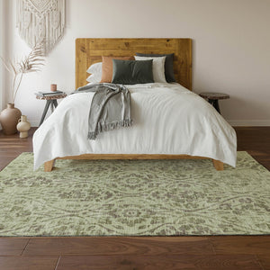 HomeRoots 5' X 8' Artichoke Green Floral Area Rug - Washable, UV-Protected & Stain-Resistant for Homes 669014
