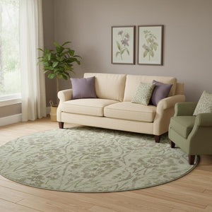 HomeRoots 8' Artichoke Green & Beige Floral Washable Round Rug - UV-Protected, Stain-Resistant & Durable 669015