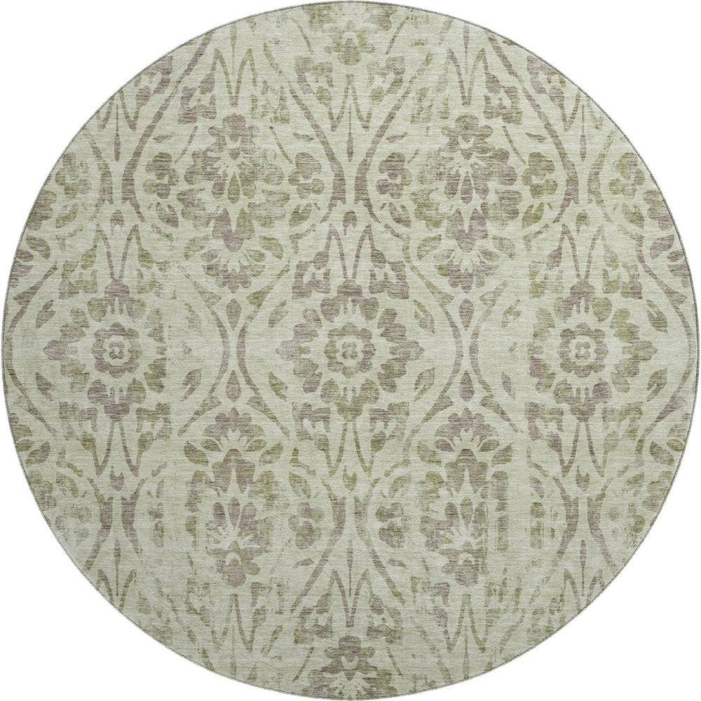 HomeRoots 8' Artichoke Green & Beige Floral Washable Round Rug - UV-Protected, Stain-Resistant & Durable 669015