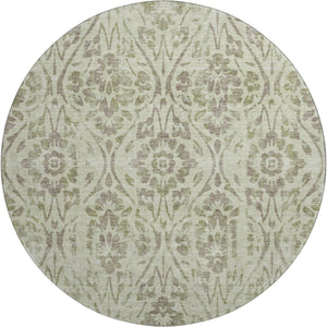 HomeRoots 8' Artichoke Green & Beige Floral Washable Round Rug - UV-Protected, Stain-Resistant & Durable 669015