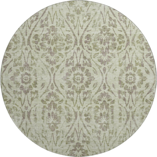 HomeRoots 8' Artichoke Green & Beige Floral Washable Round Rug - UV-Protected, Stain-Resistant & Durable 669015