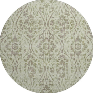 HomeRoots 8' Artichoke Green & Beige Floral Washable Round Rug - UV-Protected, Stain-Resistant & Durable 669015