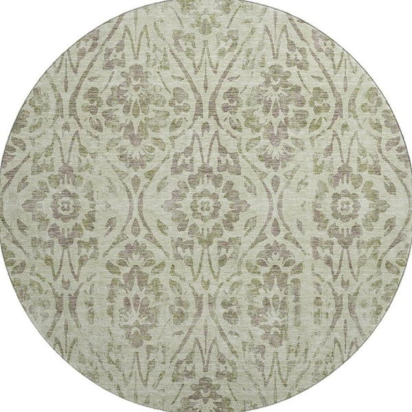 HomeRoots 8' Artichoke Green & Beige Floral Washable Round Rug - UV-Protected, Stain-Resistant & Durable 669015