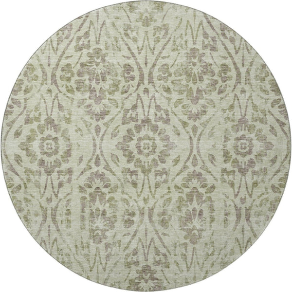 HomeRoots 8' Artichoke Green & Beige Floral Washable Round Rug - UV-Protected, Stain-Resistant & Durable 669015
