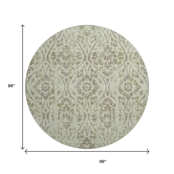 HomeRoots 8' Artichoke Green & Beige Floral Washable Round Rug - UV-Protected, Stain-Resistant & Durable 669015