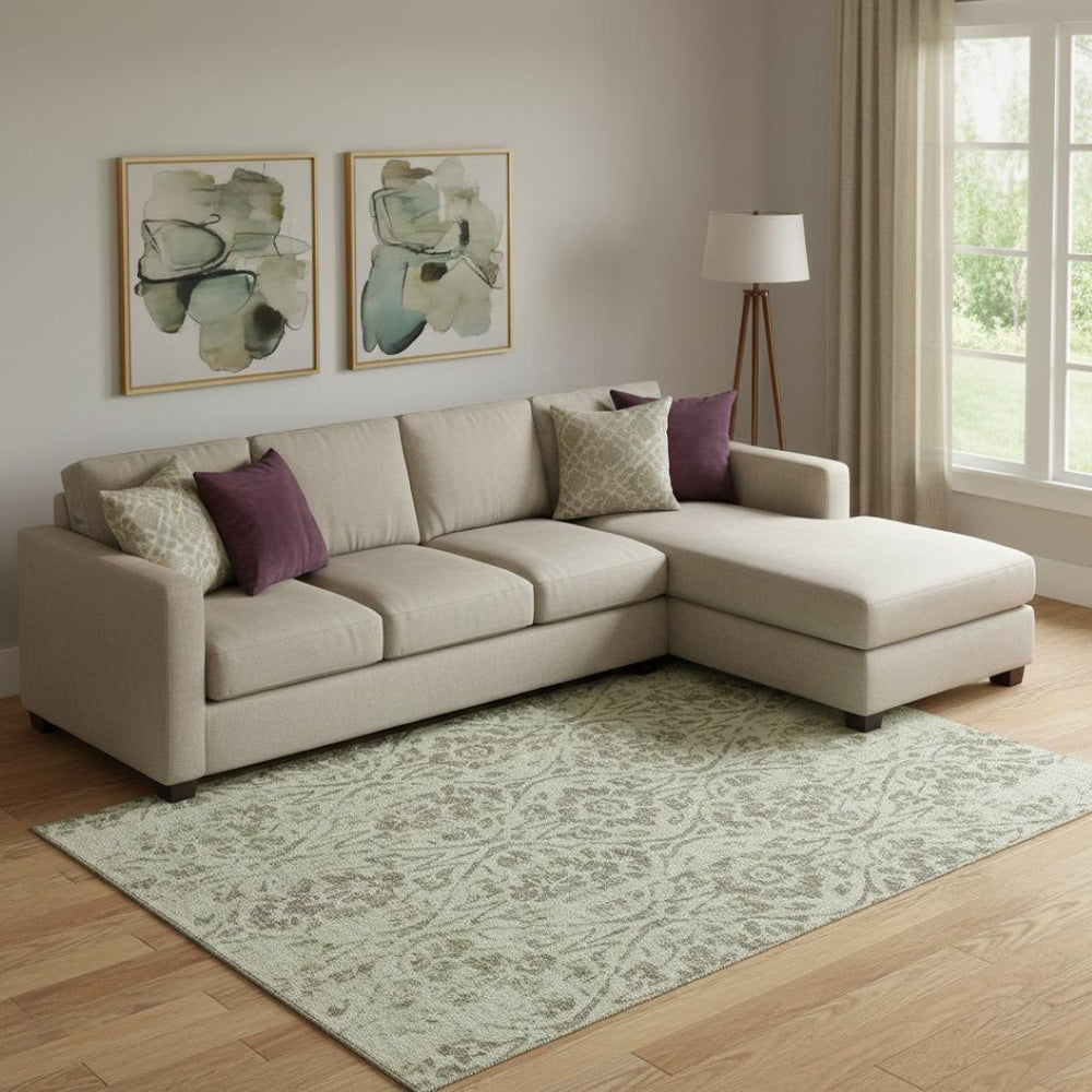 HomeRoots 9' X 12' Floral Area Rug in Artichoke Green & Beige - Washable, Durable, UV Protected for Any Space 669017