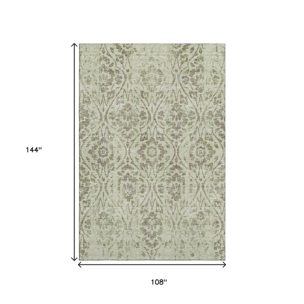 HomeRoots 9' X 12' Floral Area Rug in Artichoke Green & Beige - Washable, Durable, UV Protected for Any Space 669017