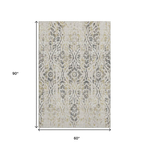 HomeRoots 5' Washable Floral Area Rug in Beige, Gray & Gold - UV Protected, Durable for Family Living Spaces 669020