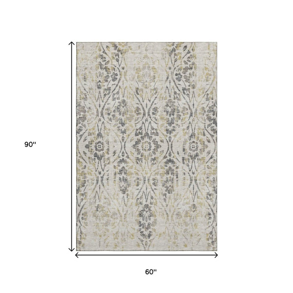 HomeRoots 5' Washable Floral Area Rug in Beige, Gray & Gold - UV Protected, Durable for Family Living Spaces 669020