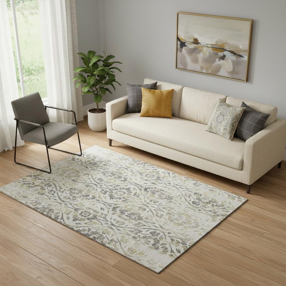 HomeRoots 5' Washable Floral Area Rug in Beige, Gray & Gold - UV Protected, Durable for Family Living Spaces 669020