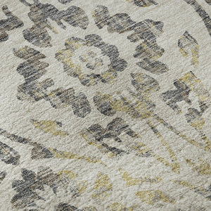 HomeRoots 5' Washable Floral Area Rug in Beige, Gray & Gold - UV Protected, Durable for Family Living Spaces 669020