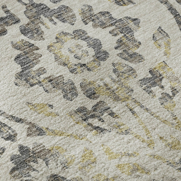 HomeRoots 5' Washable Floral Area Rug in Beige, Gray & Gold - UV Protected, Durable for Family Living Spaces 669020