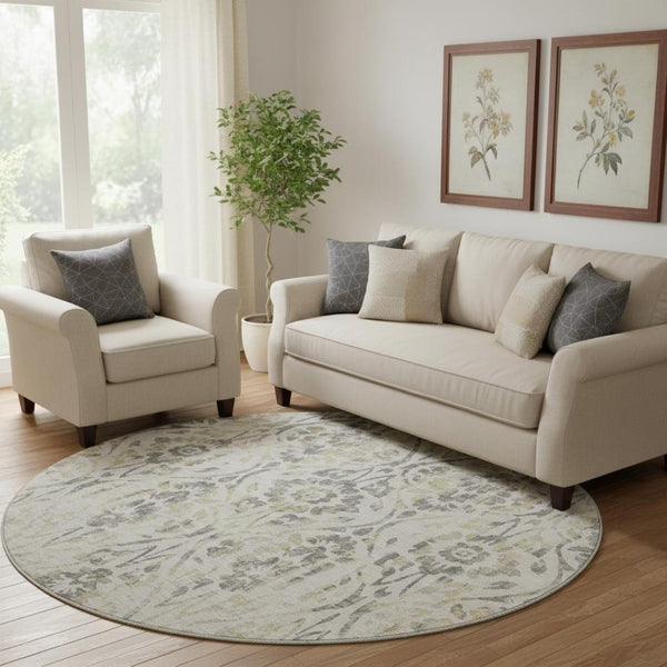 HomeRoots 8' Beige Gray and Gold Floral Round Rug – Washable, UV Resistant, Ideal for Homes with Kids & Pets 669021
