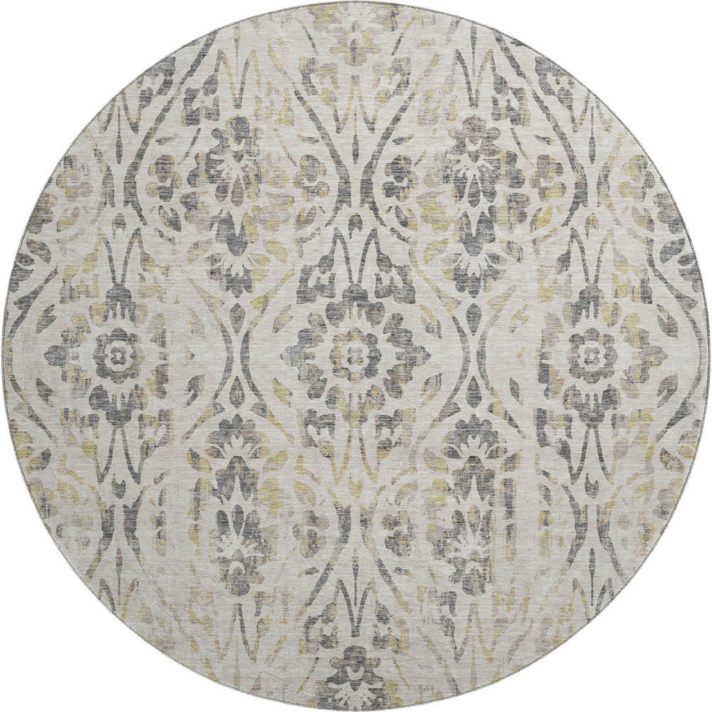 HomeRoots 8' Beige Gray and Gold Floral Round Rug – Washable, UV Resistant, Ideal for Homes with Kids & Pets 669021