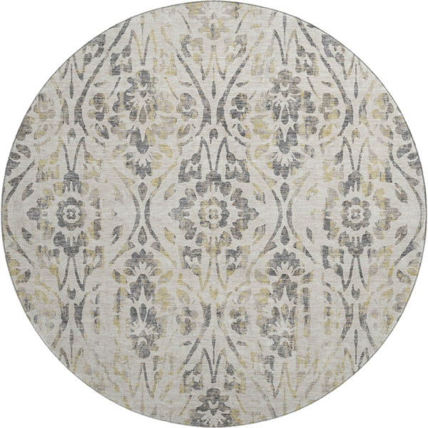 HomeRoots 8' Beige Gray and Gold Floral Round Rug – Washable, UV Resistant, Ideal for Homes with Kids & Pets 669021