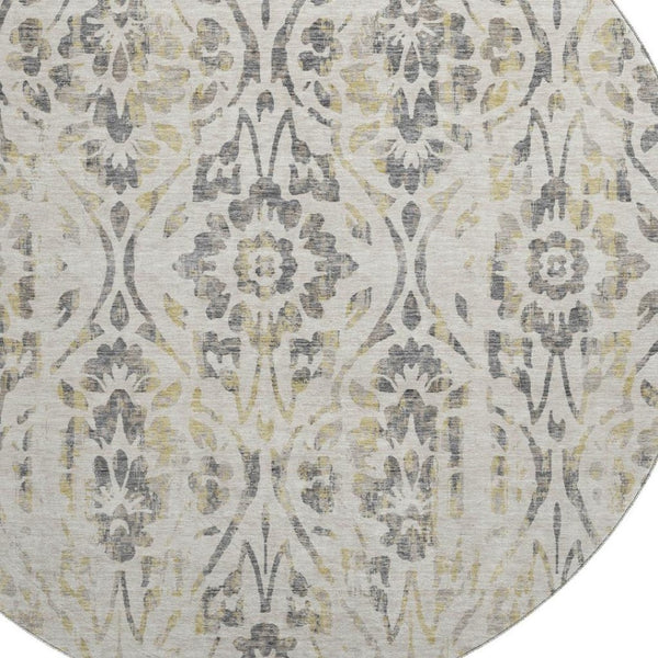 HomeRoots 8' Beige Gray and Gold Floral Round Rug – Washable, UV Resistant, Ideal for Homes with Kids & Pets 669021