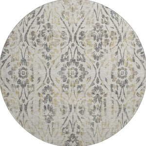 HomeRoots 8' Beige Gray and Gold Floral Round Rug – Washable, UV Resistant, Ideal for Homes with Kids & Pets 669021