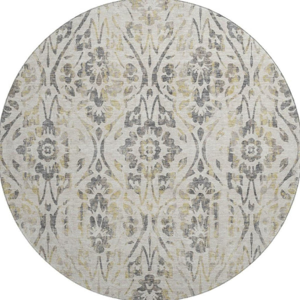 HomeRoots 8' Beige Gray and Gold Floral Round Rug – Washable, UV Resistant, Ideal for Homes with Kids & Pets 669021