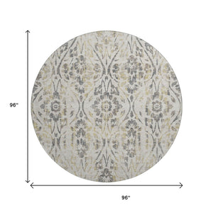 HomeRoots 8' Beige Gray and Gold Floral Round Rug – Washable, UV Resistant, Ideal for Homes with Kids & Pets 669021