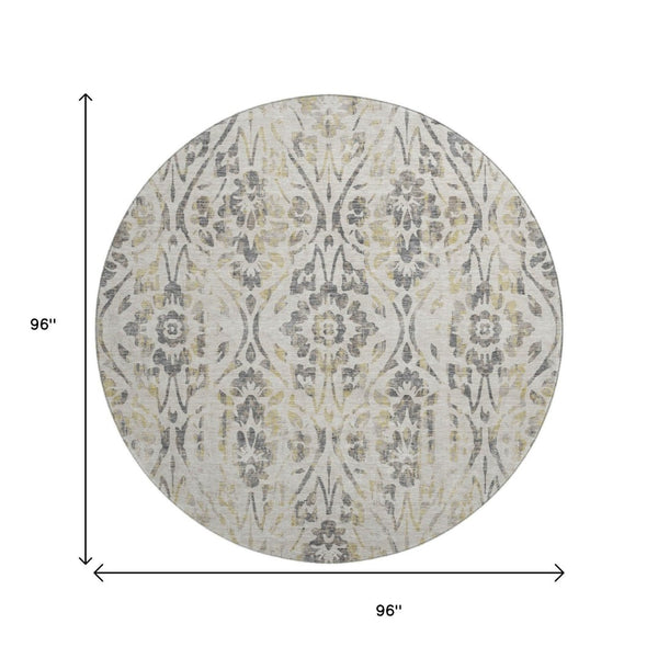 HomeRoots 8' Beige Gray and Gold Floral Round Rug – Washable, UV Resistant, Ideal for Homes with Kids & Pets 669021