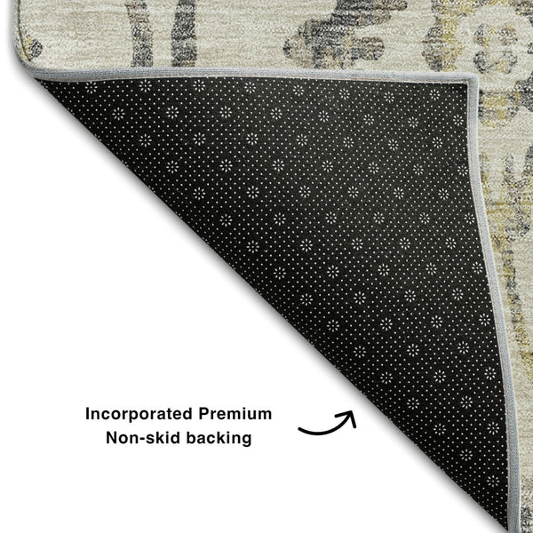 HomeRoots 8' X 10' Washable Beige, Gray & Gold Floral Area Rug with UV Protection for High-Traffic Rooms 669022