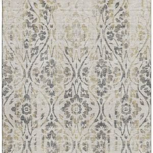 HomeRoots 8' X 10' Washable Beige, Gray & Gold Floral Area Rug with UV Protection for High-Traffic Rooms 669022