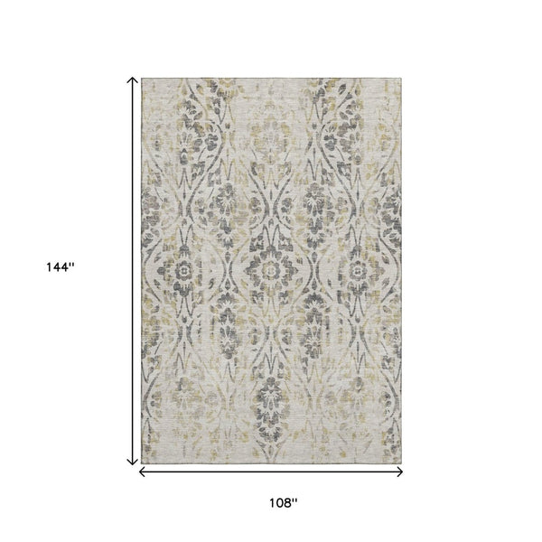 HomeRoots 9' X 12' Floral Beige, Gray, and Gold Washable Area Rug with UV Protection for Homes with Kids & Pets 669023