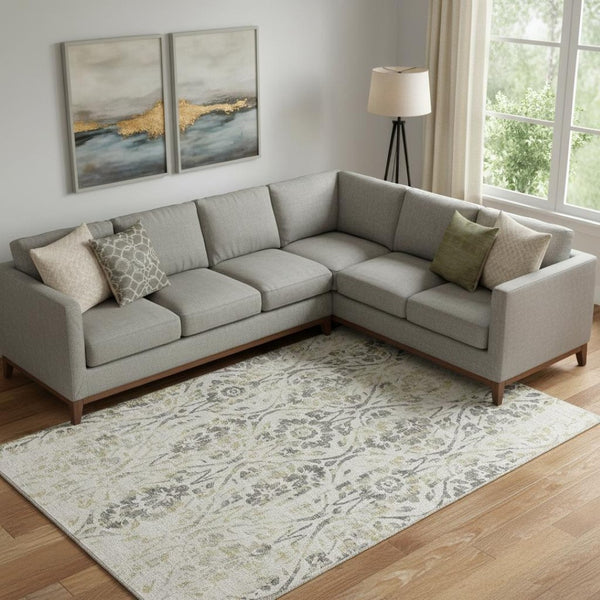 HomeRoots 9' X 12' Floral Beige, Gray, and Gold Washable Area Rug with UV Protection for Homes with Kids & Pets 669023