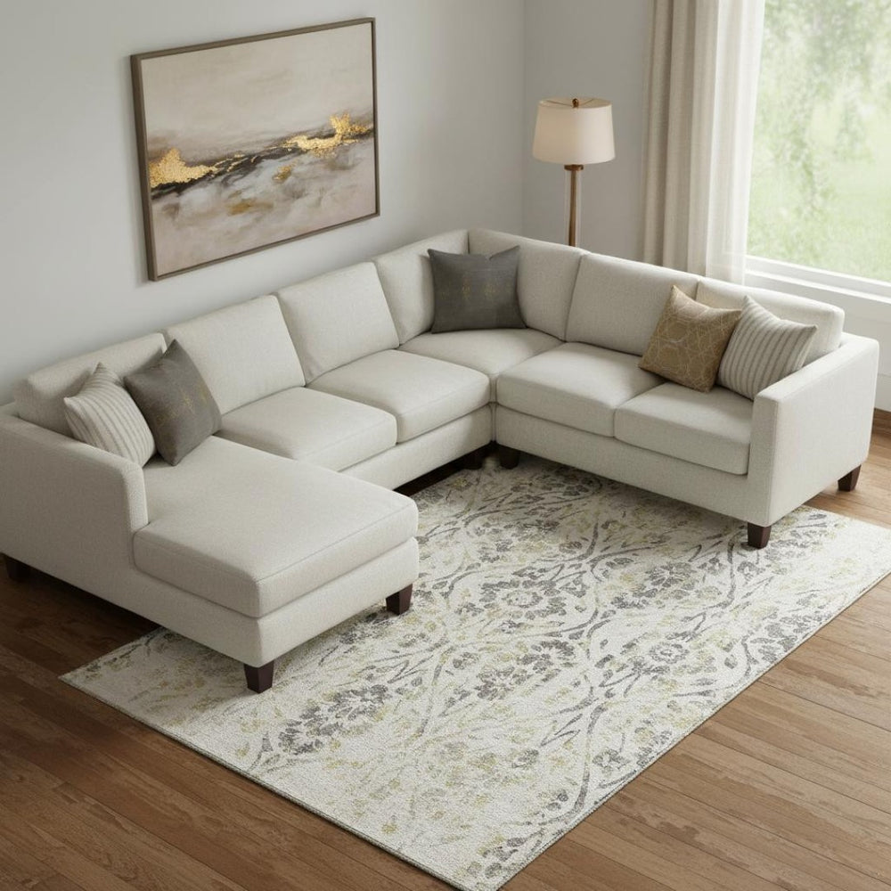 HomeRoots 10' Washable Beige Gray Gold Floral Area Rug with UV Protection - Perfect for Large Spaces & Easy Care! 669024