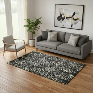 HomeRoots 5' X 8' Elegant Black Gray Beige Floral Area Rug - Washable, Stain Resistant, UV Protected Design 669026