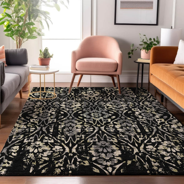 HomeRoots 5' X 8' Elegant Black Gray Beige Floral Area Rug - Washable, Stain Resistant, UV Protected Design 669026