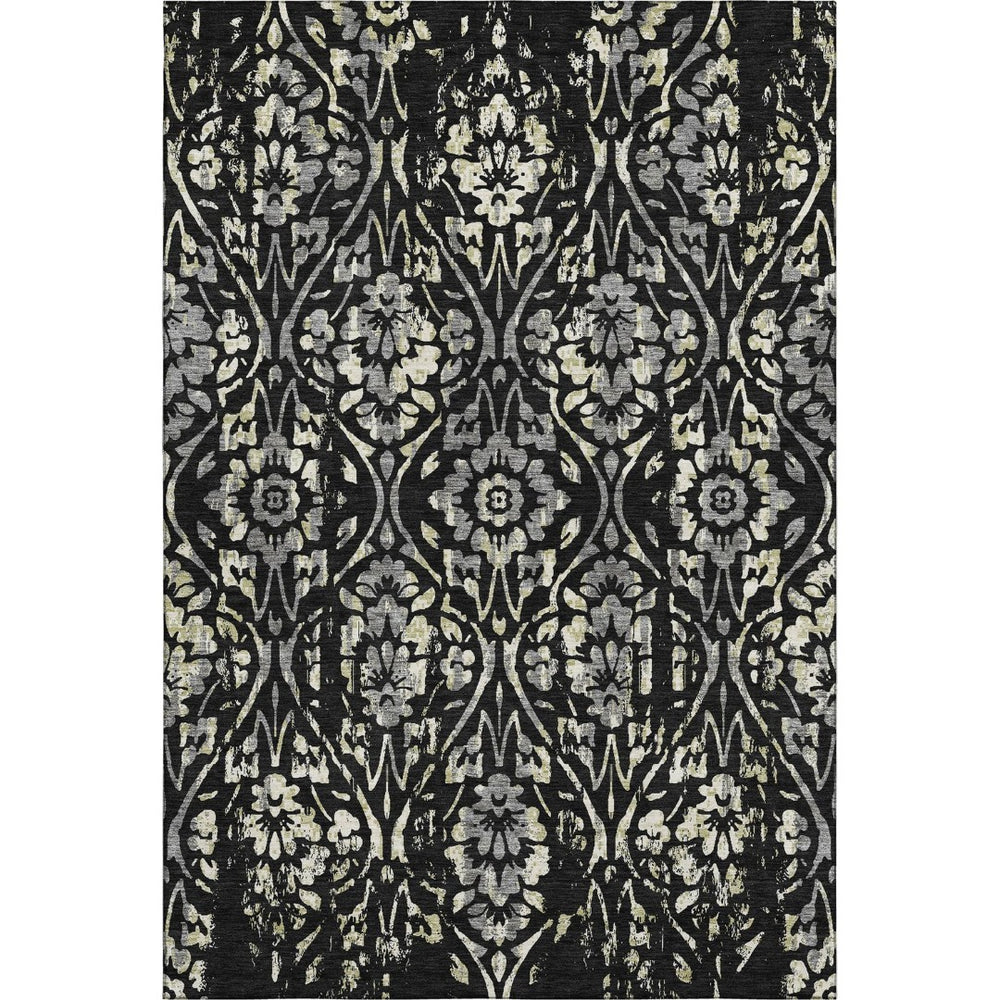 HomeRoots 5' X 8' Elegant Black Gray Beige Floral Area Rug - Washable, Stain Resistant, UV Protected Design 669026