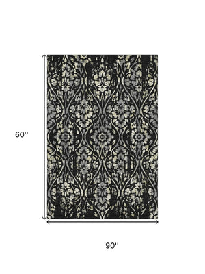 HomeRoots 5' X 8' Elegant Black Gray Beige Floral Area Rug - Washable, Stain Resistant, UV Protected Design 669026