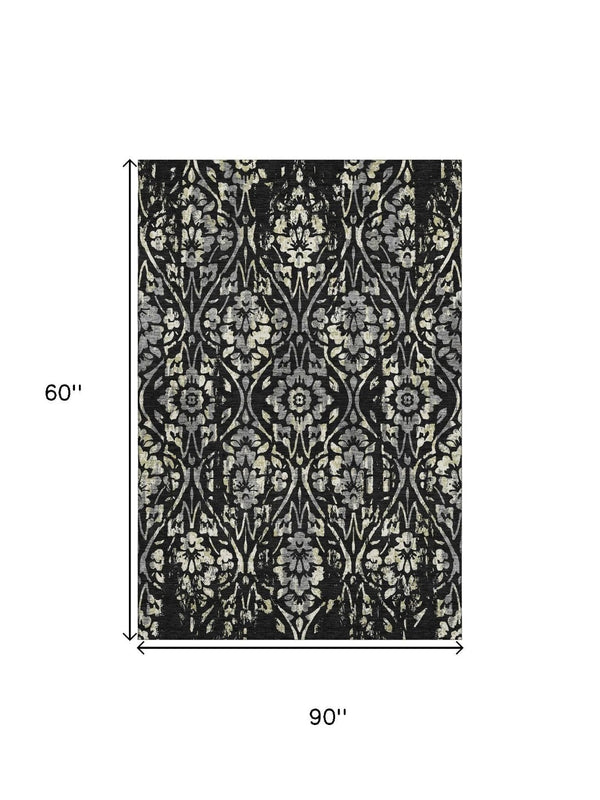 HomeRoots 5' X 8' Elegant Black Gray Beige Floral Area Rug - Washable, Stain Resistant, UV Protected Design 669026