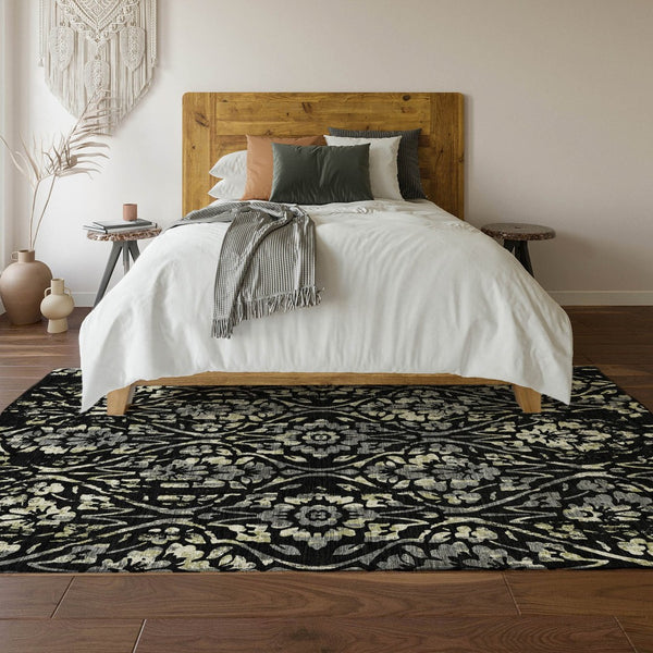 HomeRoots 5' X 8' Elegant Black Gray Beige Floral Area Rug - Washable, Stain Resistant, UV Protected Design 669026