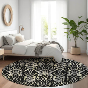 HomeRoots 8' Timeless Black Gray Beige Floral Round Rug - Washable, UV Protected, Perfect for Busy Homes! 669027