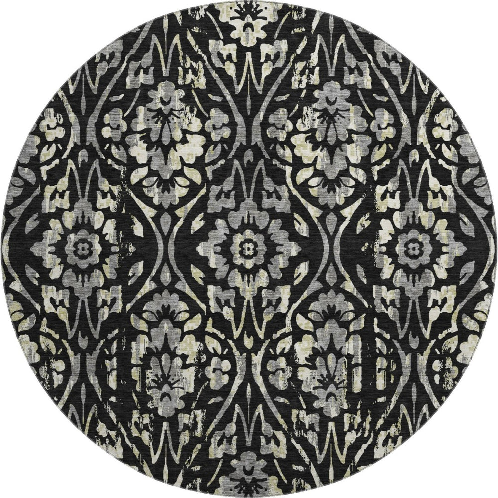 HomeRoots 8' Timeless Black Gray Beige Floral Round Rug - Washable, UV Protected, Perfect for Busy Homes! 669027