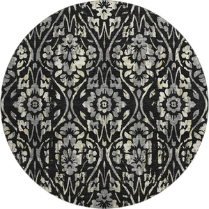 HomeRoots 8' Timeless Black Gray Beige Floral Round Rug - Washable, UV Protected, Perfect for Busy Homes! 669027