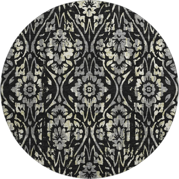 HomeRoots 8' Timeless Black Gray Beige Floral Round Rug - Washable, UV Protected, Perfect for Busy Homes! 669027