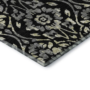 HomeRoots 8' Timeless Black Gray Beige Floral Round Rug - Washable, UV Protected, Perfect for Busy Homes! 669027