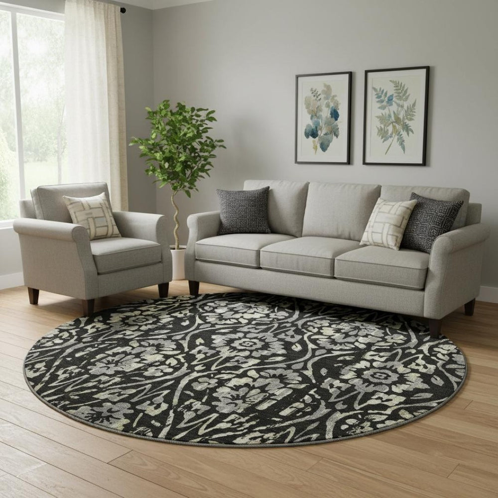 HomeRoots 8' Timeless Black Gray Beige Floral Round Rug - Washable, UV Protected, Perfect for Busy Homes! 669027