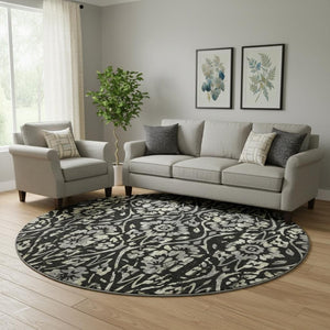 HomeRoots 8' Timeless Black Gray Beige Floral Round Rug - Washable, UV Protected, Perfect for Busy Homes! 669027