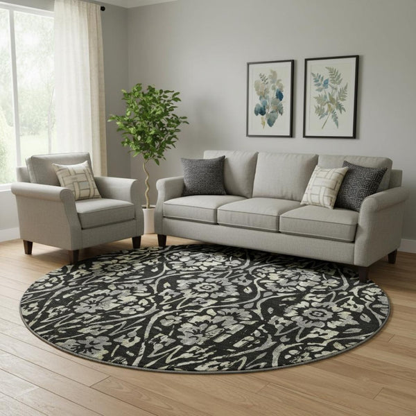 HomeRoots 8' Timeless Black Gray Beige Floral Round Rug - Washable, UV Protected, Perfect for Busy Homes! 669027
