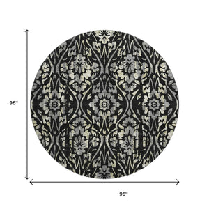 HomeRoots 8' Timeless Black Gray Beige Floral Round Rug - Washable, UV Protected, Perfect for Busy Homes! 669027