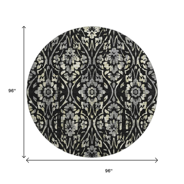 HomeRoots 8' Timeless Black Gray Beige Floral Round Rug - Washable, UV Protected, Perfect for Busy Homes! 669027