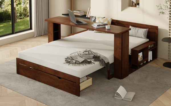 English Elm Full Size Daybed with Hydraulic Desk Armrests Storage Drawer and Sofa Seating Espresso LT000271AAP